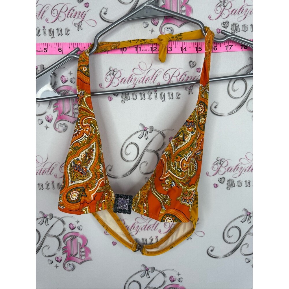 Bikini top metal charm y2k beach pool Orange Paisley Halter Bikini Top
